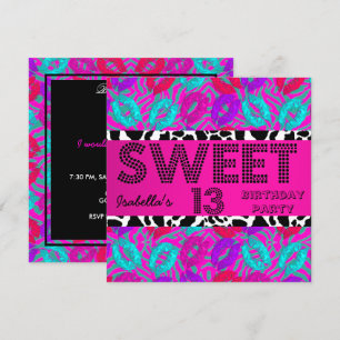 Invitación Sweet 13 13th Birthday Lips Cow Purple Pink Verde 