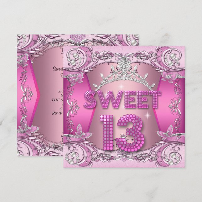 Invitación Sweet 13 13th Birthday Party Pink Silver Tiara (Anverso / Reverso)