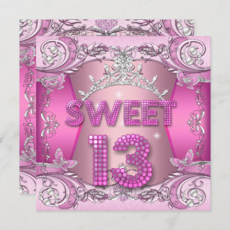 Invitación Sweet 13 13th Birthday Party Pink Silver Tiara