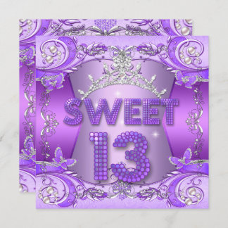 Invitación Sweet 13 13th Birthday Party Purple Silver Tiara