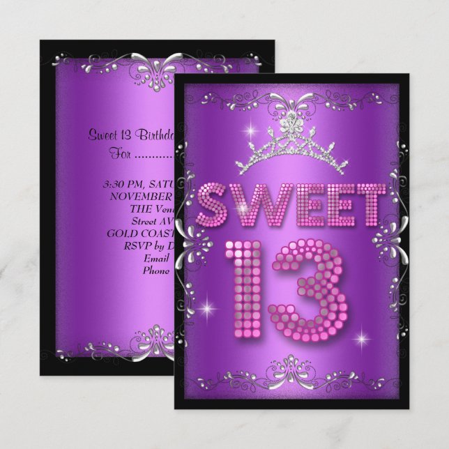 Invitación Sweet 13 13th Birthday Pink Purple Black (Anverso / Reverso)