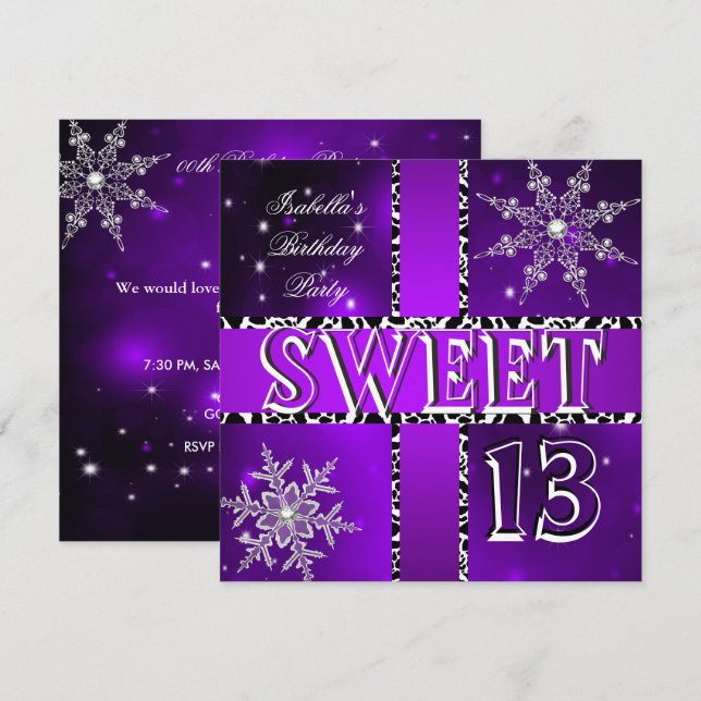 Invitación Sweet 13 13th Birthday Purple Winter Wonderland 2 (Anverso / Reverso)