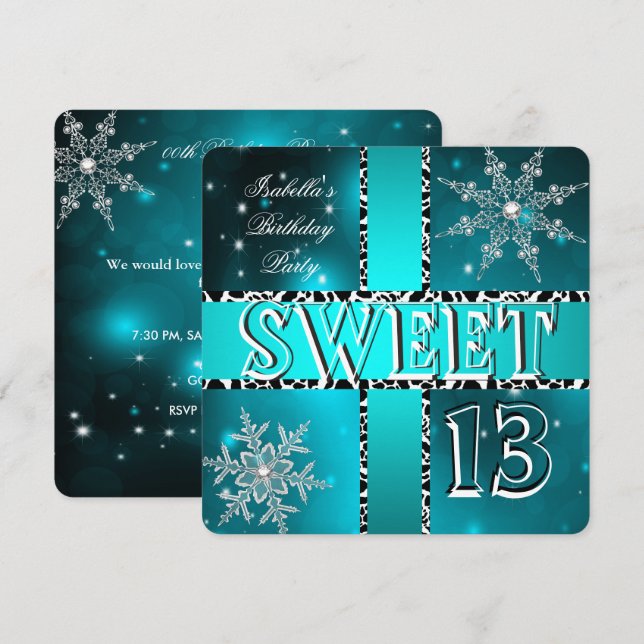 Invitación Sweet 13 13th Birthday Verde azulada Winter Wonder (Anverso / Reverso)