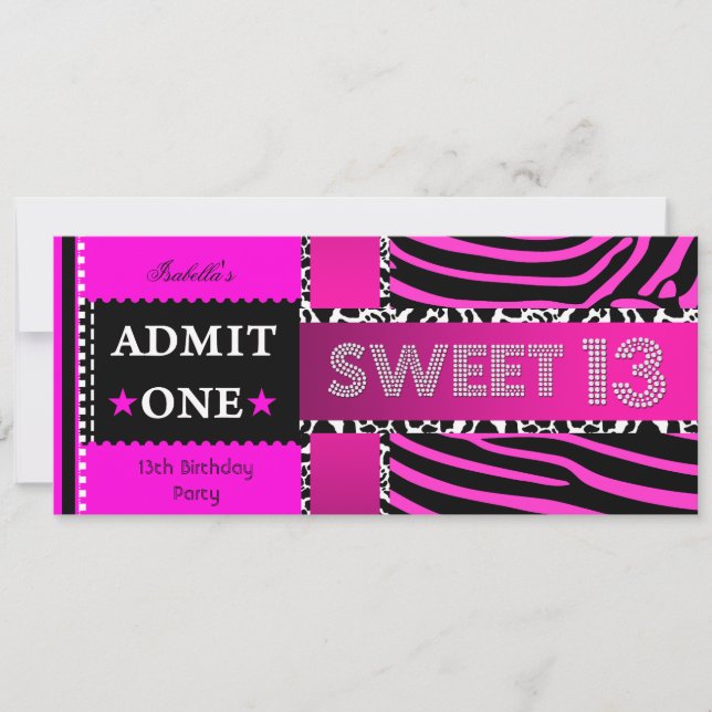 Invitación Sweet 13 13th Birthday Zebra Cow Hot Pink Black (Anverso)