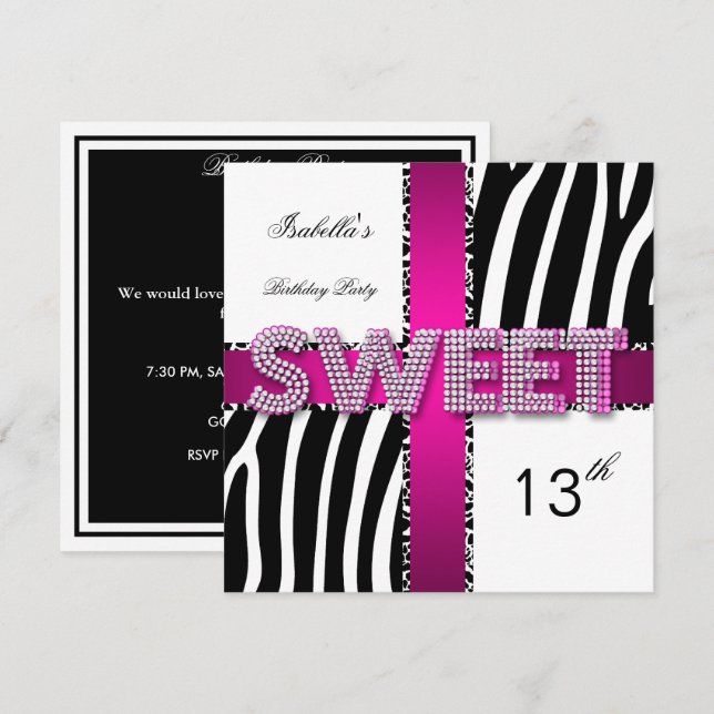 Invitación Sweet 13 13th Birthday Zebra Cow Pink Black White (Anverso / Reverso)