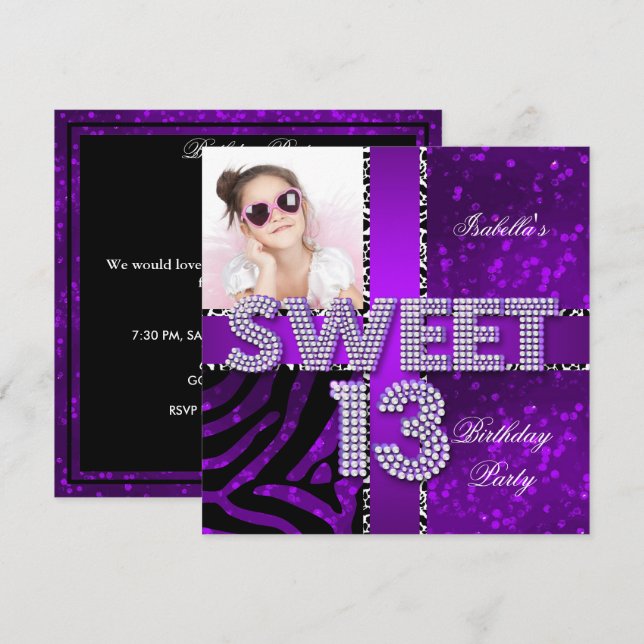 Invitación Sweet 13 13th Birthday Zebra Purpurina Purple Blac (Anverso / Reverso)