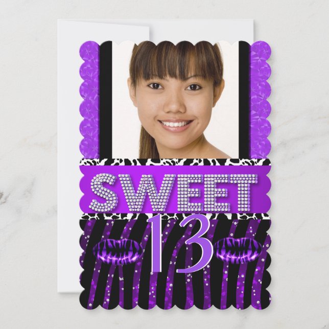 Invitación Sweet 13 13th Birthday Zebra Purpurina Purple Lips (Anverso)