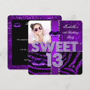 Invitación Sweet 13 13th Birthday Zebra Purpurina Purple Lips