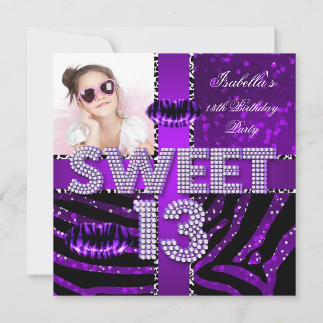 Invitación Sweet 13 13th Birthday Zebra Purpurina Purple Lips (Anverso)