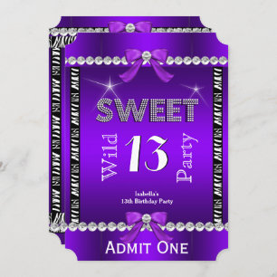 Invitación Sweet 13 Fun Fiesta Zebra Purple Ticket 3