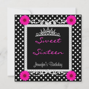 Invitación Sweet 16 16 cumpleaños Tiara floral negro blanco m