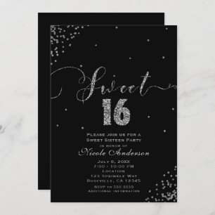 Invitación SWEET 16 16 Rincón Confetti Negro y Plateado