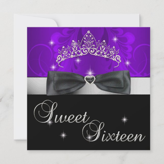 Invitación Sweet 16 16th Birthday Party Purple Black Bow (Anverso)