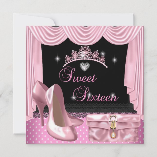 Invitación Sweet 16 16th Birthday Pink Black White (Anverso)