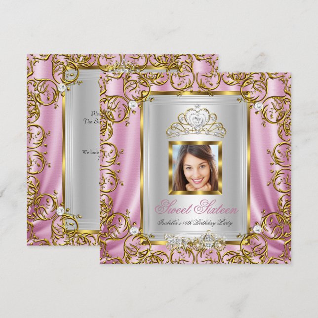 Invitación Sweet 16 16th Birthday Pink Gold Photo (Anverso / Reverso)