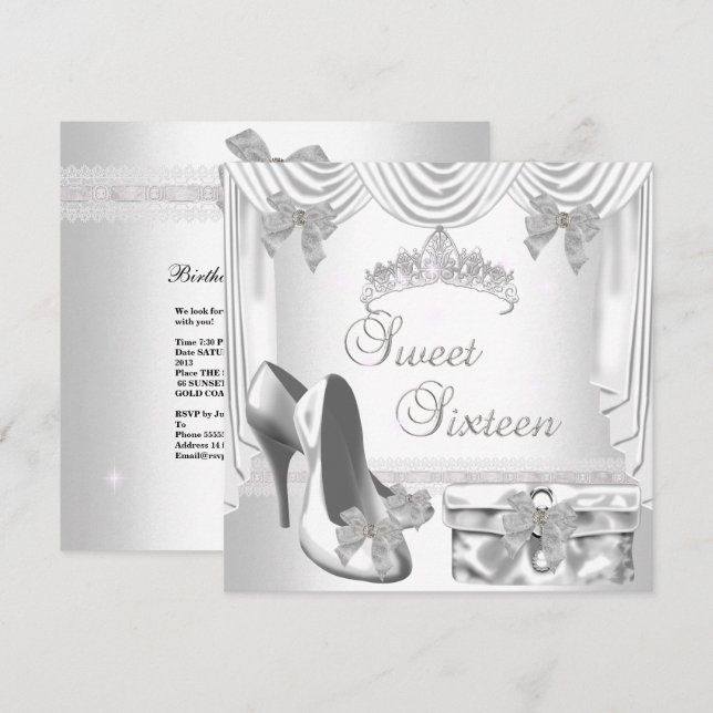 Invitación Sweet 16 16th Birthday Silver White (Anverso / Reverso)