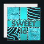 Invitación Sweet 16 16th Birthday Zebra Cow Verde azulada Bla<br><div class="desc">Dulce Dieciséis dieciséis dieciséis años XVI Vaca Verde azulada Azul Blanco Negro chicas de la fiesta de cumpleaños  simples,  limpios,  de diseño,  Chicas de la fiesta de cumpleaños número 13, </div>
