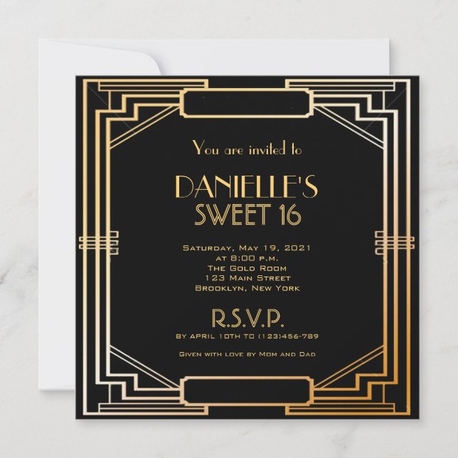 Invitación Sweet 16 Art Deco inspirada en El Gran  (Anverso)