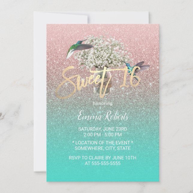 Invitación Sweet 16 Baby's Breath Hummingbird Rosa Gold Verde (Anverso)