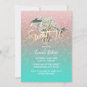 Invitación Sweet 16 Baby's Breath Hummingbird Rosa Gold Verde