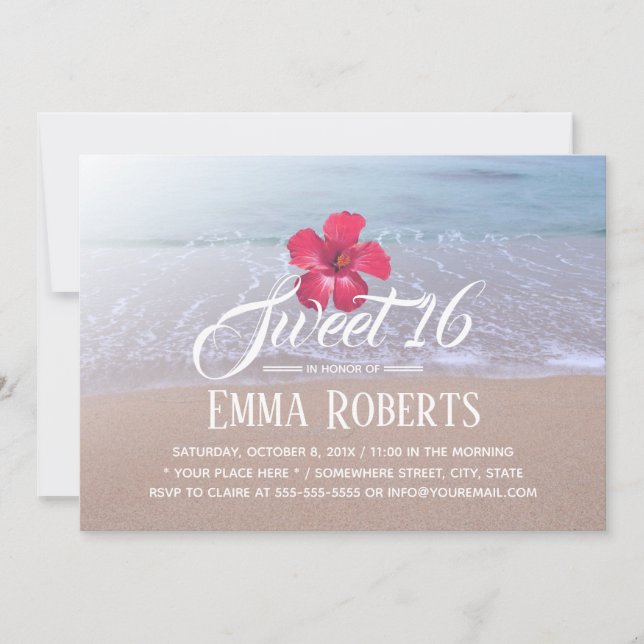 Invitación Sweet 16 Beach Theme Flor tropical roja (Anverso)