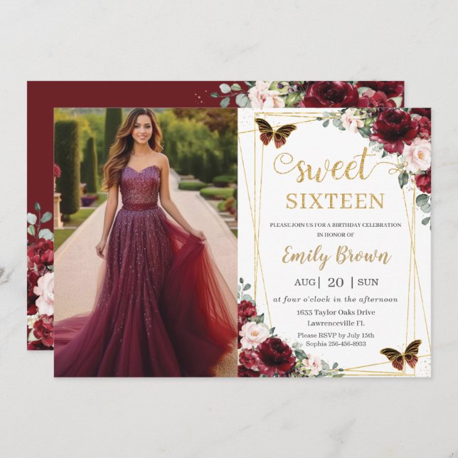 Invitación Sweet 16 Birthday Burgundy Blush Floral Butterfly  (Anverso / Reverso)