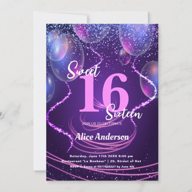 Invitación Sweet 16 Birthday Girly Glam Balloons (Anverso)