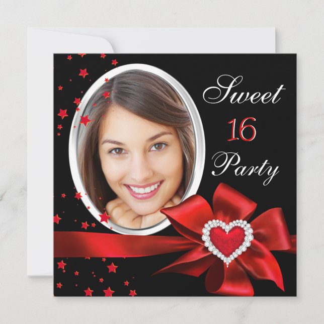 Invitación Sweet 16 Birthday Party Red Heart Photo Silver (Anverso)