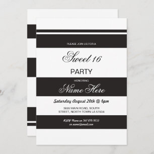 Invitación Sweet 16 Birthday Party Stripe Black White Invite