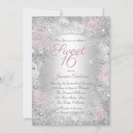 Invitación Sweet 16 Birthday Pink Silver Winter Wonderland