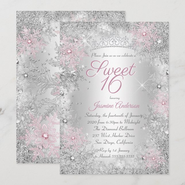 Invitación Sweet 16 Birthday Pink Silver Winter Wonderland (Anverso / Reverso)