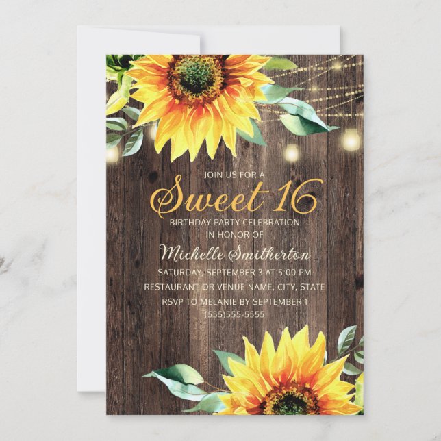 Invitación Sweet 16 Birthday Rustic Sunflowers String Lights (Anverso)