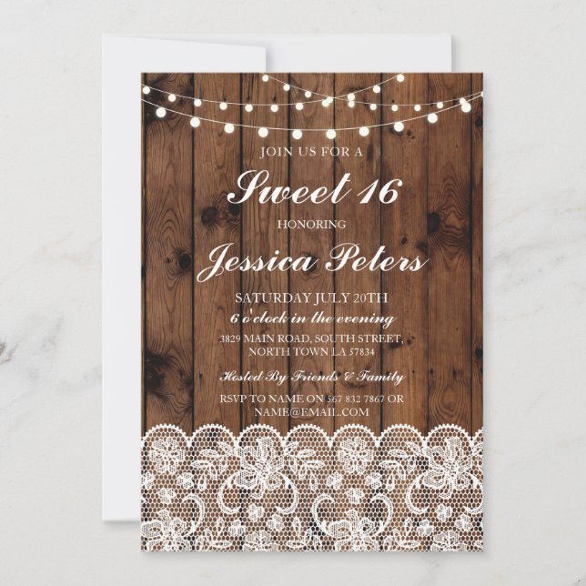 Invitación Sweet 16 Birthday Rustic Wood Lace Invite (Anverso)