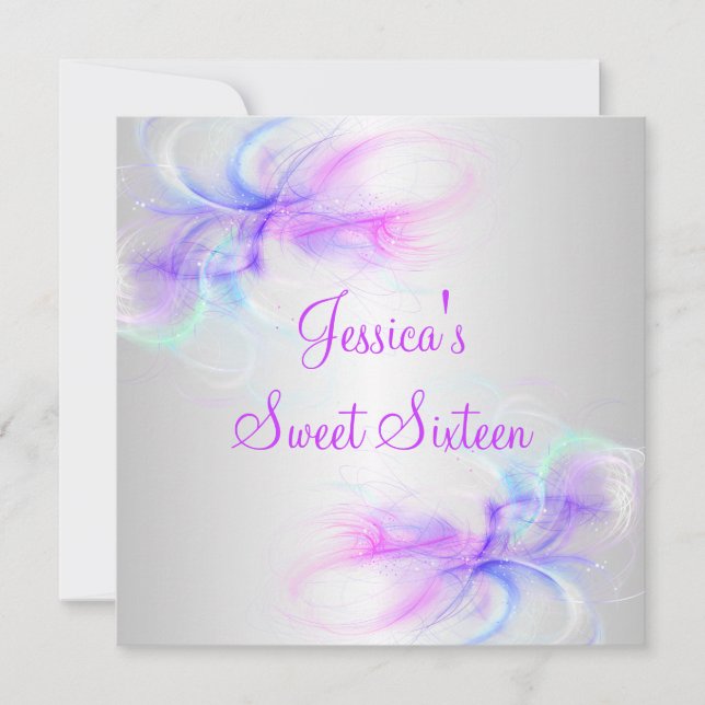 Invitación Sweet 16 Birthday Silver y Pink Purple Blue Swirls (Anverso)