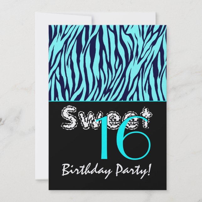Invitación Sweet 16 Birthday Zebra Stripes Midnight Blue Aqua (Anverso)