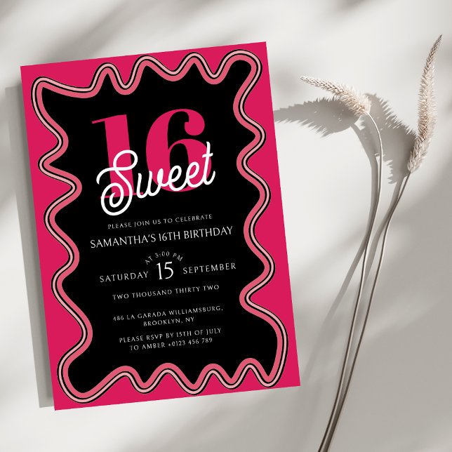 Invitación Sweet 16 Black and Pink Retro Wavy decimosexta (Subido por el creador)
