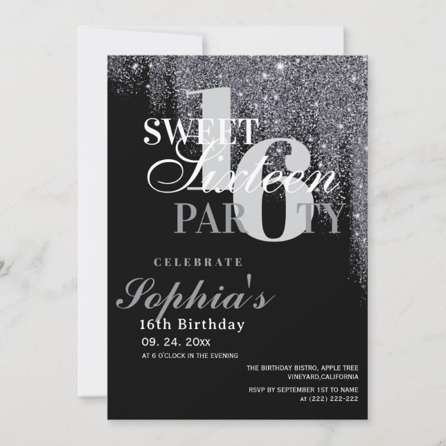 Invitación Sweet 16 Black and White Birthday Party (Anverso)