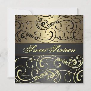 Invitación Sweet 16 Black/Gold Swirl Birthday Invitation