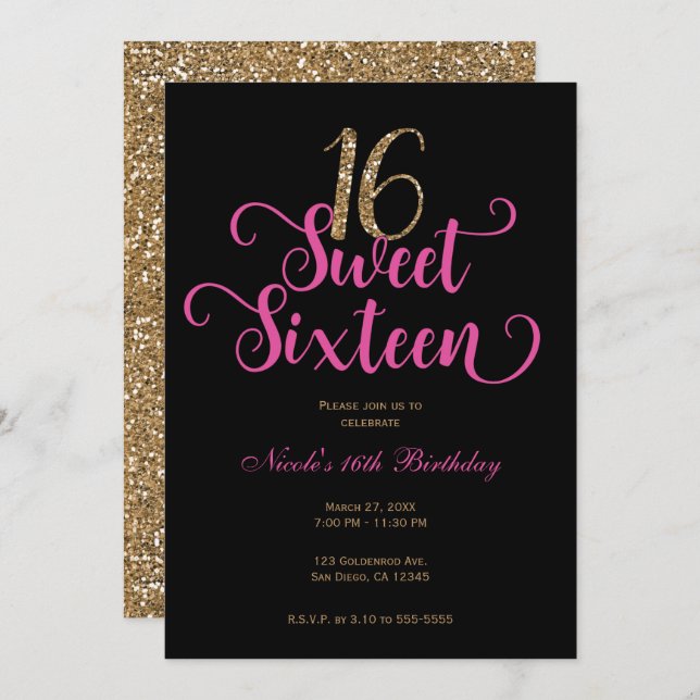 Invitación Sweet 16 Black Hot Pink Gold Purpurina Birthday (Anverso / Reverso)