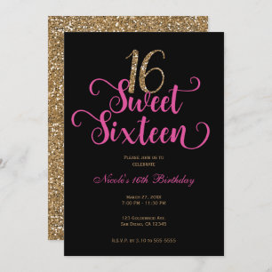 Invitación Sweet 16 Black Hot Pink Gold Purpurina Birthday
