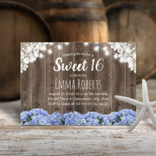 Invitación Sweet 16 Blue Hydrangea Flores String Luces