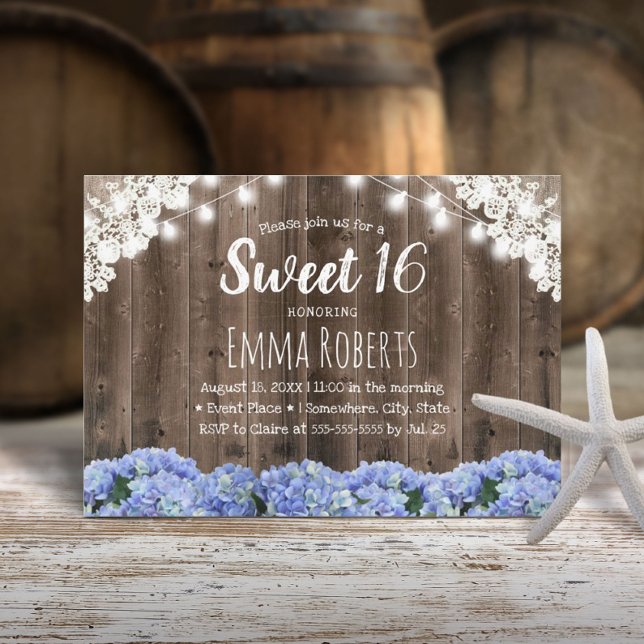 Invitación Sweet 16 Blue Hydrangea Flores String Luces (Subido por el creador)