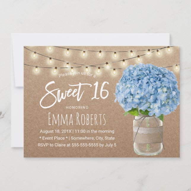 Invitación Sweet 16 Blue Hydrangea String ilumina Kraft rústi (Anverso)