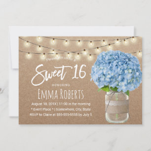 Invitación Sweet 16 Blue Hydrangea String ilumina Kraft rústi