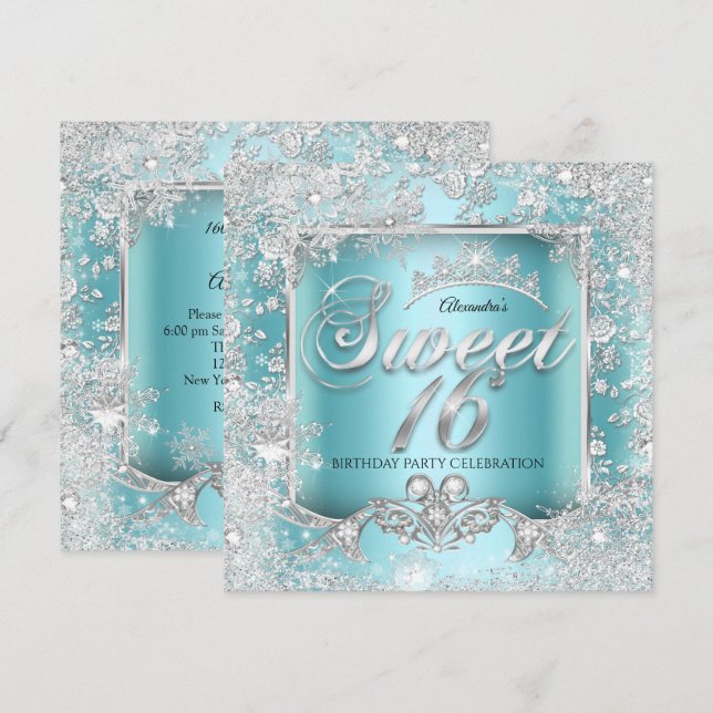 Invitación Sweet 16 Blue Silver Verde azulado Tiara Winter Wo (Anverso / Reverso)