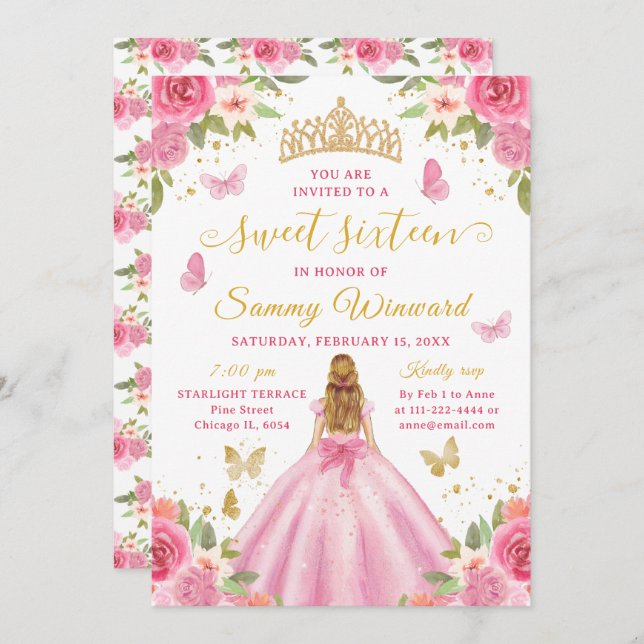 Invitación Sweet 16 Blush Pink Princess Blonde Girl (Anverso / Reverso)