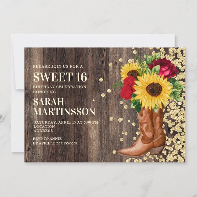 Invitación Sweet 16 Botas de Madera Rústica Girasoles Rosas R (Anverso)