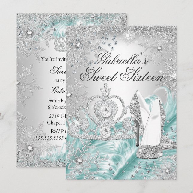 Invitación Sweet 16 Brillo de Invierno Copo de Nie (Anverso / Reverso)
