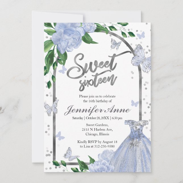 Invitación Sweet 16 Butterflys Dusty Blue Gown (Anverso)