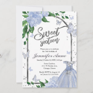 Invitación Sweet 16 Butterflys Dusty Blue Gown